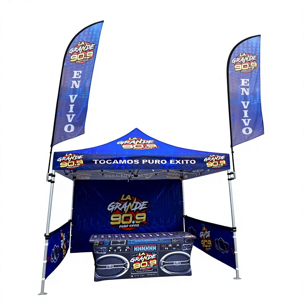 Custom printed canopy tent package with 10x10 pop up canopy, feather flags, printed backwall and table cover