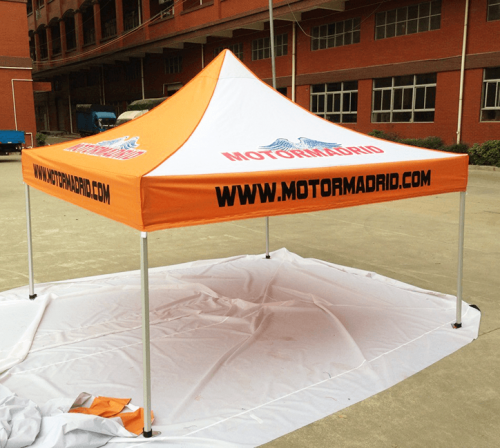 Custom printed orange pop up canopy tent with full-color brand graphics