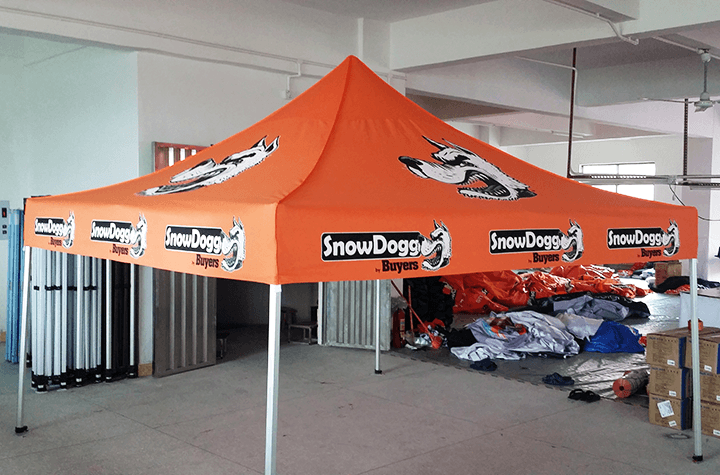 DTENT workshop — sublimation printed canopy top in production