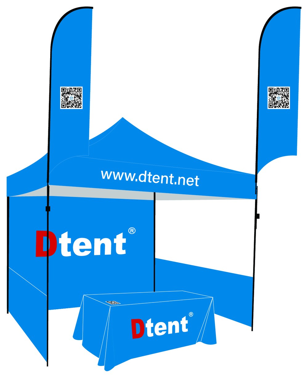Custom printed pop up canopy booth with branded roof, feather flags and printed table cover