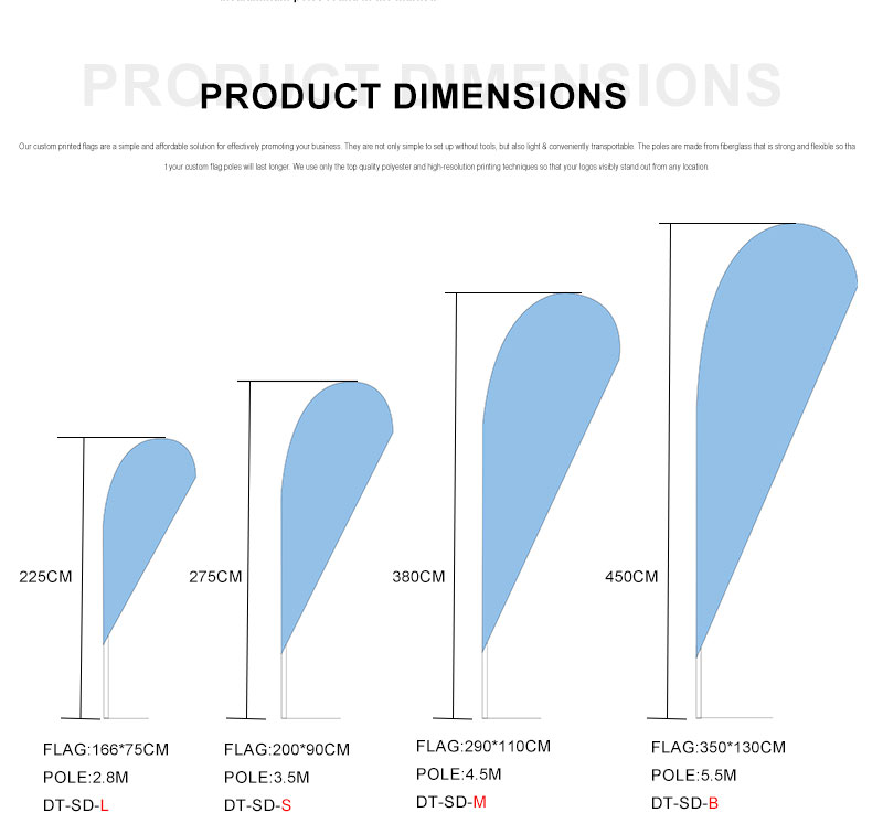 Teardrop flag size chart: 225cm to 450cm heights with pole options