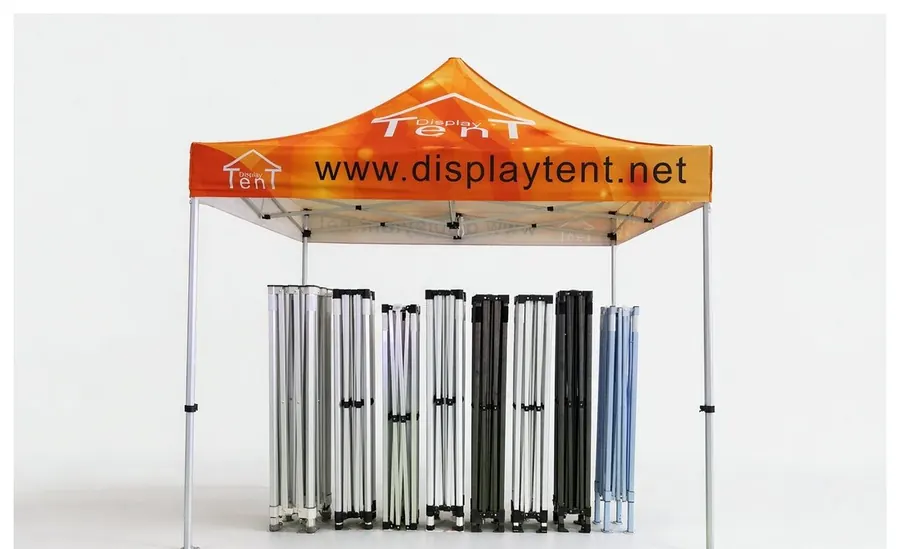 Folded pop up canopy frames lined up at the Dtent factory, packed and ready for wheeled bags and export cartons